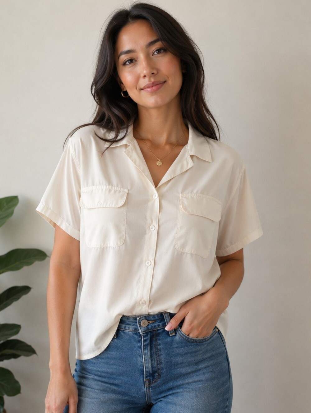 100% Silk Jeremy Scott Cream Short Sleeve Button Down Shirt Vtg Size S Petite